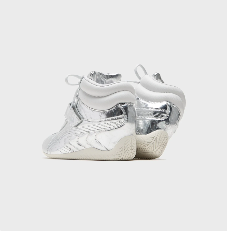 PUMA High-Top Sneakers – Metallic Silver & White with Instep Strap