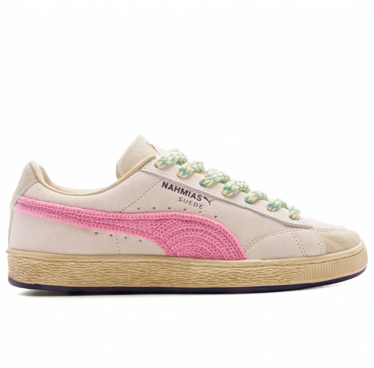 PUMA Suede Low-Top Sneakers – Cream & Pink with Mint Rope Laces
