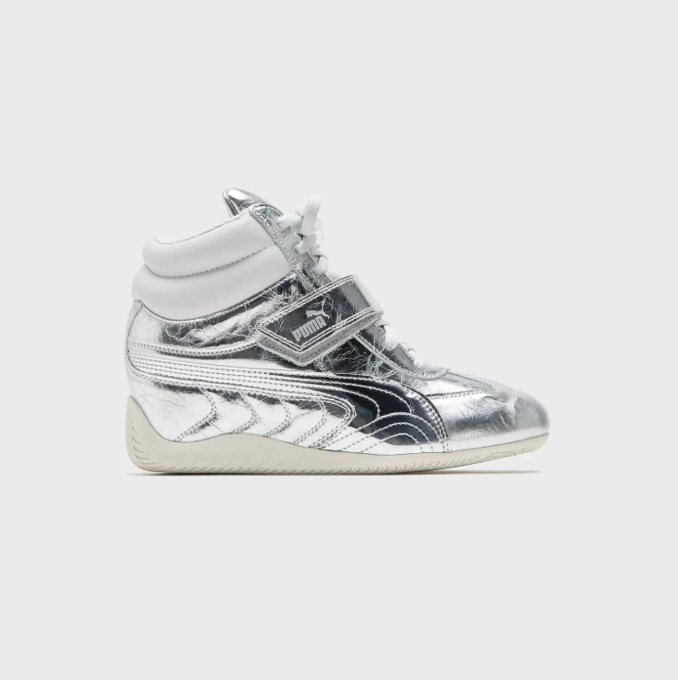 PUMA High-Top Sneakers – Metallic Silver & White with Instep Strap