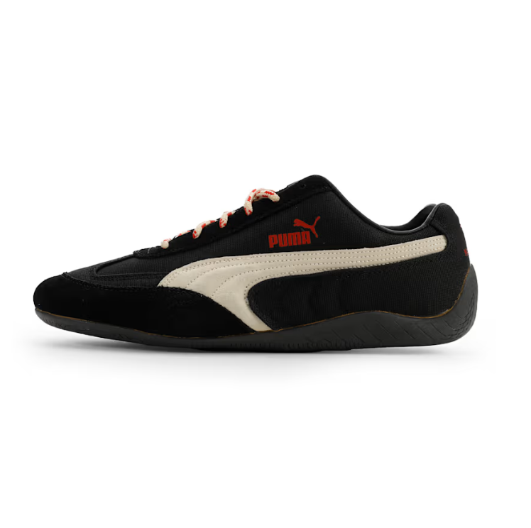 PUMA Low-Profile Sneakers – Black & Cream with Red-Patterned Laces