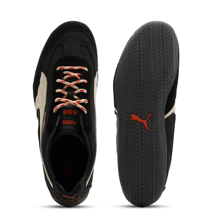 PUMA Low-Profile Sneakers – Black & Cream with Red-Patterned Laces