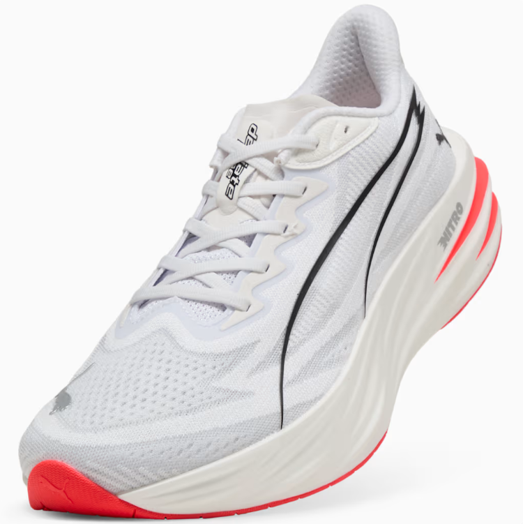 PUMA Running-Style Sneakers – White & Black with Coral Red Sole Accents