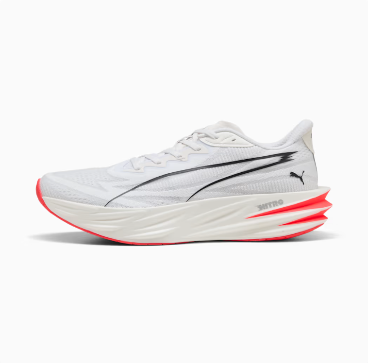 PUMA Running-Style Sneakers – White & Black with Coral Red Sole Accents