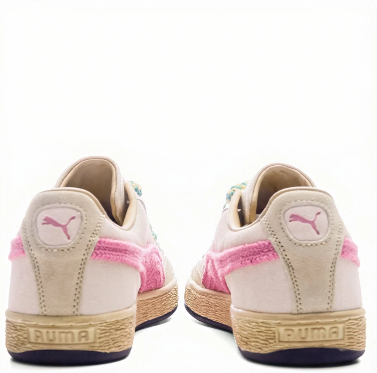 PUMA Suede Low-Top Sneakers – Cream & Pink with Mint Rope Laces