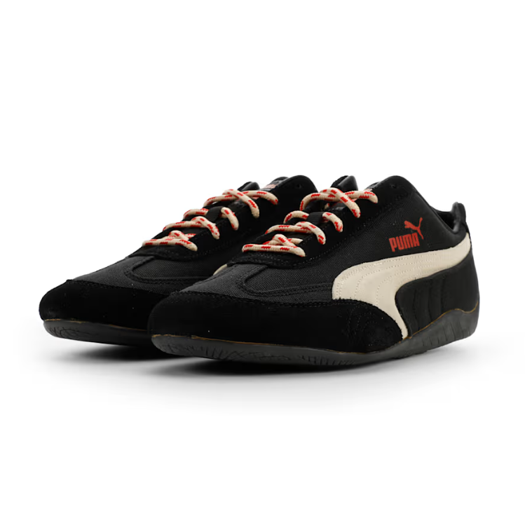 PUMA Low-Profile Sneakers – Black & Cream with Red-Patterned Laces