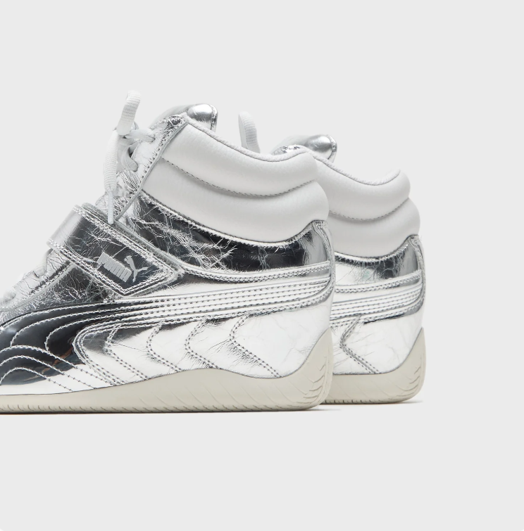 PUMA High-Top Sneakers – Metallic Silver & White with Instep Strap