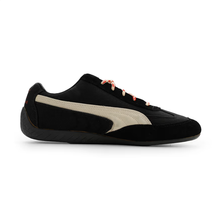 PUMA Low-Profile Sneakers – Black & Cream with Red-Patterned Laces