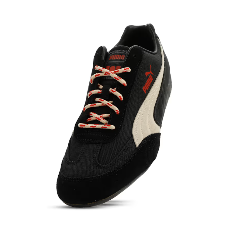 PUMA Low-Profile Sneakers – Black & Cream with Red-Patterned Laces