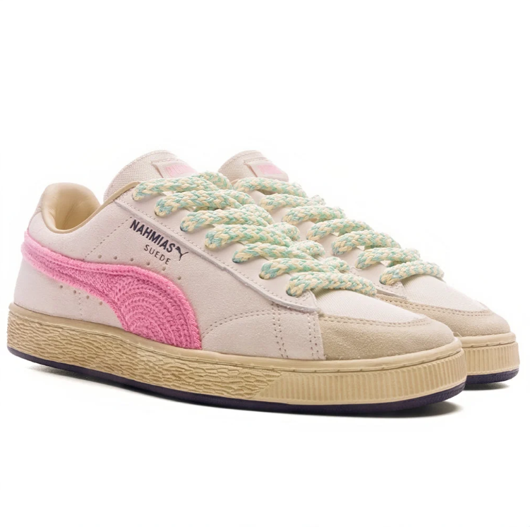 PUMA Suede Low-Top Sneakers – Cream & Pink with Mint Rope Laces