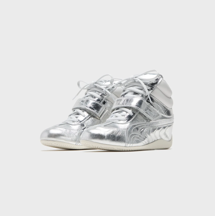 PUMA High-Top Sneakers – Metallic Silver & White with Instep Strap