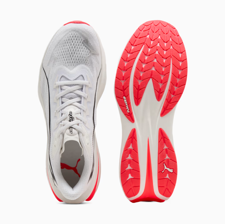 PUMA Running-Style Sneakers – White & Black with Coral Red Sole Accents
