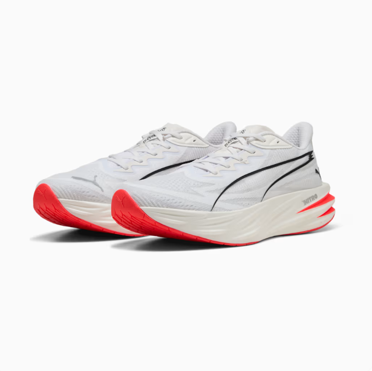 PUMA Running-Style Sneakers – White & Black with Coral Red Sole Accents